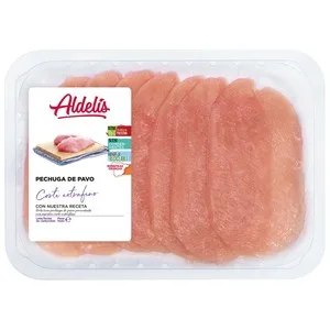Bandeja con Tierna y Jugosa Pechuga de Pavo en Filetes con Corte Extra Fino Aldelís 300 G
