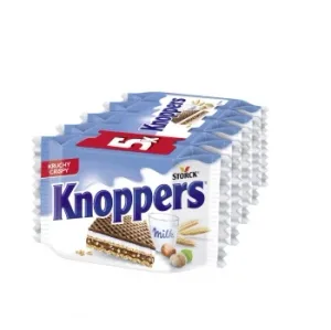Barquillos Rellenos de Crema con Leche y Crema con Praliné y Cubierta al Cacao Knoppers 5 Unidades de 25 G.