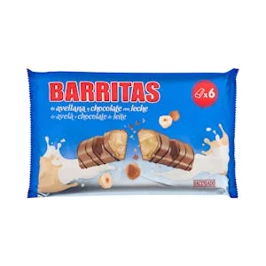 Barritas de Barquillo Hacendado con Relleno de Avellana Cubiertas de Chocolate con Leche 0.123 KG