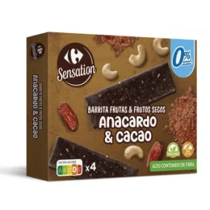 Barritas de Frutas y Frutos Secos con Chocolate Carrefour Sensation sin Gluten y sin Azúcar Añadido 120 G.