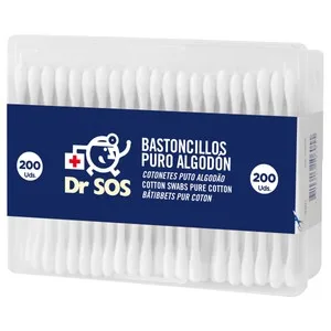 Dr. SOS Bastoncillos de Algodón 100% Suaves y Flexibles, Ideales para la Higiene de los Oidos Dr. SOS 200 Uds