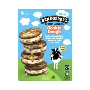 BEN & Jerry´s Cookie Dough Sándwich de Helado de Vainilla con Trocitos Crujientes de Masa de Galleta 4 X 68 Ml. 272 ML