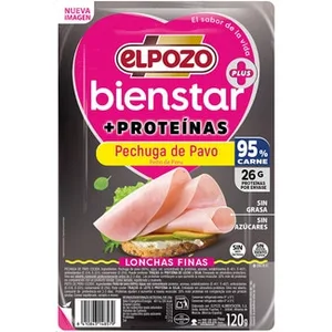 Bienstar + Proteínas Pechuga de Pavo sin Grasa sin Azúcares en Lonchas Finas sin Gluten sin Lactosa Elpozo 120 G