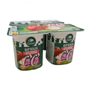 Bífidus Desnatado con Manzana Carrefour Classic´ sin Gluten y sin Azúcar Añadido Pack de 4 Unidades de 125 G.