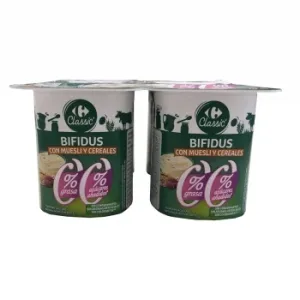 Bífidus Desnatado con Muesli y Cereales Classic´ Carrefour sin Azúcar Añadido Pack de 4 Unidades de 125 G.