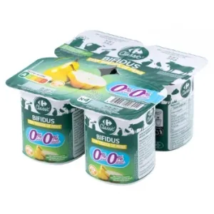 Bífidus Desnatado con Trozos de Pera Carrefour Classic´ sin Gluten y sin Azúcar Añadido Pack de 4 Unidades de 125 G.