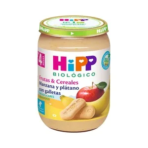 Hipp Biológico Tarrito de Frutas (manzana y Plátano) Ecológicas con Galleta, a Partir de 4 Meses 190 G.