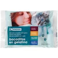 Bocaditos en Gelatina Pouches para Gato Eroski, Pack 4x85 G