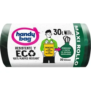 Bolsas de Basura Reciclada Resistente y Eco 95% Plástico Reciclado 55x63 30 Litros para Cubo Cocina Normal Handy BAG