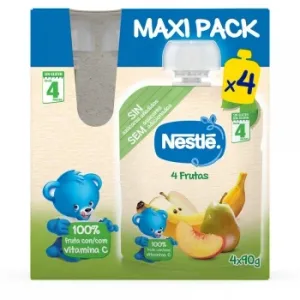 Bolsita de 4 Frutas desde 4 Meses Nestlé sin Gluten y sin Azúcar Añadido Pack de 4 Unidades de 90 G.