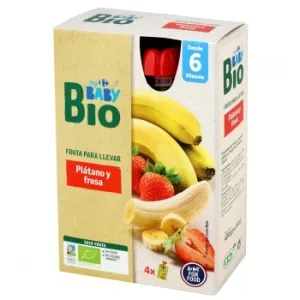 Bolsita de Fresa desde 6 Meses Ecológico My Carrefour Baby Bio sin Gluten y sin Azúcar Añadido Pack de 4 Bolsitas de 100 G.