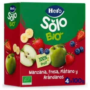 Bolsita de Manzana, Fresa, Plátano y Arándanos Ecológica Hero Solo sin Gluten Pack de 4 Unidades de 100 G.