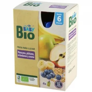 Bolsita de Manzana, Plátano, Arándanos y Avena desde 6 Meses Ecológico My Carrefour Baby Bio sin Gluten y sin Azúcar Añadido Pack de 4 Unidades de 100 G.