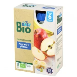 Bolsita de Manzana y Plátano desde 6 Meses Ecológico My Carrefour Baby Bio sin Gluten y sin Azúcar Añadido Pack de 4 de Unidades de 100 G.