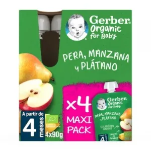 Bolsita de Pera, Manzana y Plátano desde 4 Meses Ecológico Gerber sin Gluten y sin Azúcar Añadido Pack 4 Unidades 90 G.