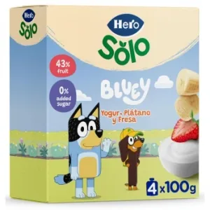 Bolsita de Yogur Plátano y Fresa Hero Solo sin Gluten y sin Azúcar Añadido Pack 4 Unidades de 100 G.