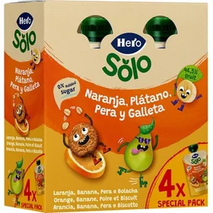 Bolsitas de Naranja Plátano, Pera y Galleta desde 12 Meses Pack 4 0% Azúcar Añadido Hero Solo 100 G