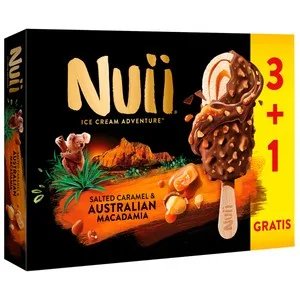 Nuii Bombón Helado de Vainilla con Caramelo Salado y Trozos de Nueces de Macadamia Australianas 3 X 90 Ml. 270 ML