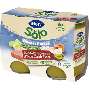 Buenas Noches Tarritos de Guisantes Tiernos con Jamón Cocido Extra sin Gluten Pack 2 desde 6 Meses Hero Solo 190 G