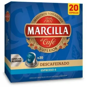 Café Descafeinado en Cápsulas Marcilla Compatible con Nespresso 20 Unidades de 5,2 G.