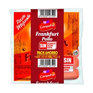Campofrío Salchichas Cocidas de Pollo Sabor Ahumado, Tipo Frankfurt Campofrío 3 X 140 G. 420 G