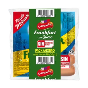 Campofrío Salchichas Cocidas Tipo Frankfurt de Pollo, Pavo y Cerdo con Queso Campofrio 3 X 140 G. 420 G