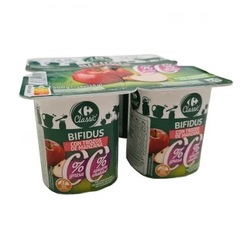 Bífidus Desnatado con Manzana Carrefour Classic´ sin Gluten y sin Azúcar Añadido Pack de 4 Unidades de 125 G.