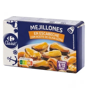 Mejillones en Escabeche 8/12 Classic Carrefour sin Gluten 69 G.