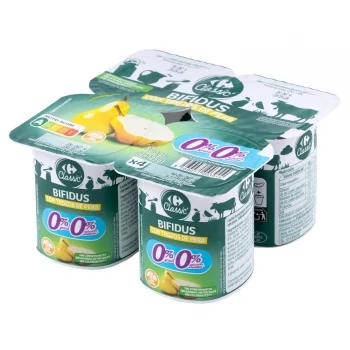Bífidus Desnatado con Trozos de Pera Carrefour Classic´ sin Gluten y sin Azúcar Añadido Pack de 4 Unidades de 125 G.