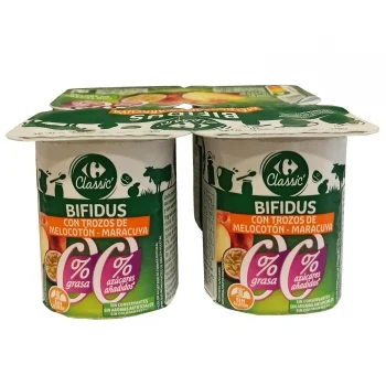 Bífidus Desnatado con Trozos de Melocotón y Maracuyá sin Azúcar Añadido Carrefour Pack de 4 Unidades de 125 G.
