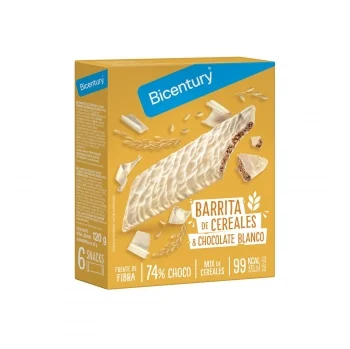 Barritas de Chocolate Blanco y Cereales Bicentury 120 G.