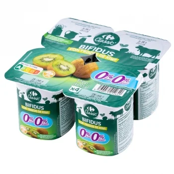Bífidus Desnatado con Trozos de Kiwi sin Azúcar Añadido Carrefour Pack de 4 Unidades de 125 G.