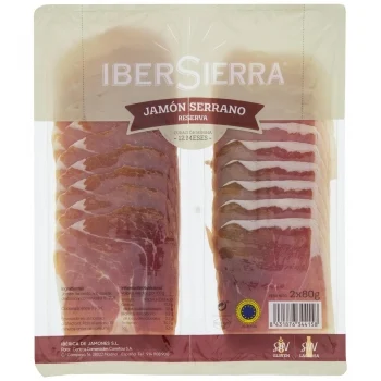 Jamón Serrano Reserva en Lonchas Ibersierra sin Gluten y sin Lactosa Pack de 2 Unidades de 80 G