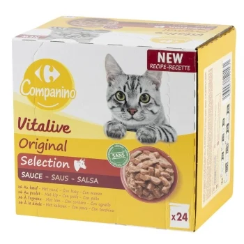 Comida Húmeda Selección en Salsa de Carne y Verduras para Gatos Adultos Vitalive Carrefour 24 Sobres de 100 G.