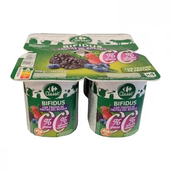 Bífidus Desnatado con Frutas del Bosque Carrefour sin Gluten y sin Azúcar Añadido Pack de 4 Unidades de 125 G.
