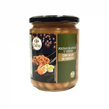 Pochas Blancas y Verdes con Caldo de Marisco Extra Carrefour sin Gluten 445 G.