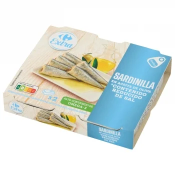 Sardinilla en Aceite de Oliva bajo Contenido en Sal Extra Carrefour Pack 2 Latas de 65 G