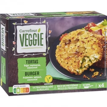 Hamburguesa de Trigo, Espinaca y Emmental Carrefour Veggie 400 G.