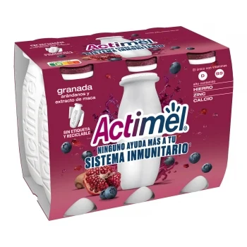 L.casei Líquido Sabor Granada, Arándanos y Extracto de Maca Danone Actimel sin Gluten Pack de 6 Unidades de 100 G.