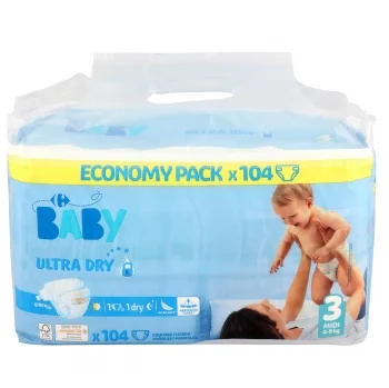 Pañales Ultra Dry Carrefour Baby T3 (4-9 Kg) 104 Ud.