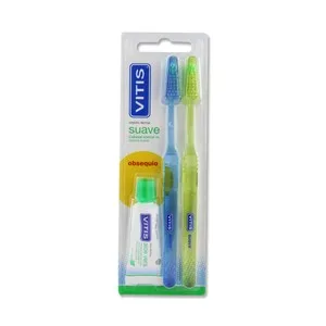Vitis Cepillo de Dientes con Cabezal Normal y Dureza Suave Vitis 2 Uds + Obsequio Dentífrico