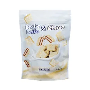 Cereales Cubiertos de Chocolate Blanco Rellenos con Leche Hacendado 0.125 KG