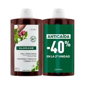 Klorane Champú Anticaída, Fortificante y Estimulante con Quinina y Cafeina 2 X 400 Ml. 800 ML