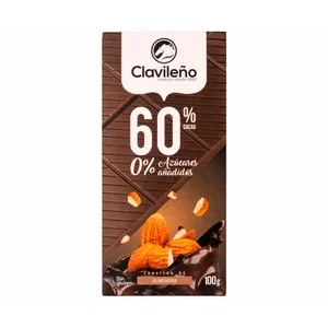 Clavileño Chocolate Extrafino Puro, 60 % Cacao y Almendras, sin Azúcares Añadidos 100 G.