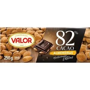 Chocolate Negro 82% Cacao con Almendras Mediterráneas Enteras y sin Gluten  Valor 250 G