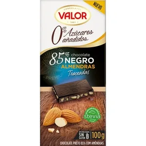 Chocolate Negro 85% con Almendras Troceadas sin Gluten 0% Azúcares Añadidos Edulcorado con Stevia Valor 100 G