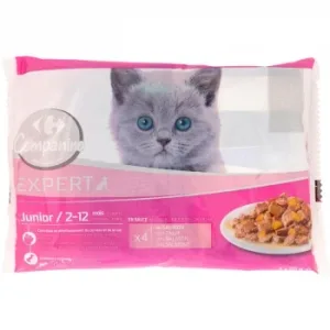 Comida Húmeda Bocaditos en Salsa de Salmón para Gato Junior Expert Carrefour Pack de 4 Sobres de 85 G.
