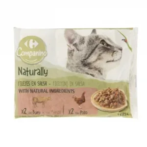 Comida Húmeda de Buey y Pollo para Gato Naturaly Carrefour 4 Unidades de 85 G.