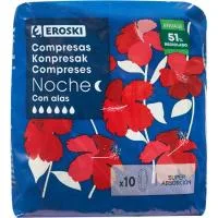 Compresas de Noche con Alas Eroski, Paquete 10 Uds