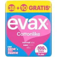 Compresas Normal con Alas Evax Cottonlike, Paquete 38+10 Uds